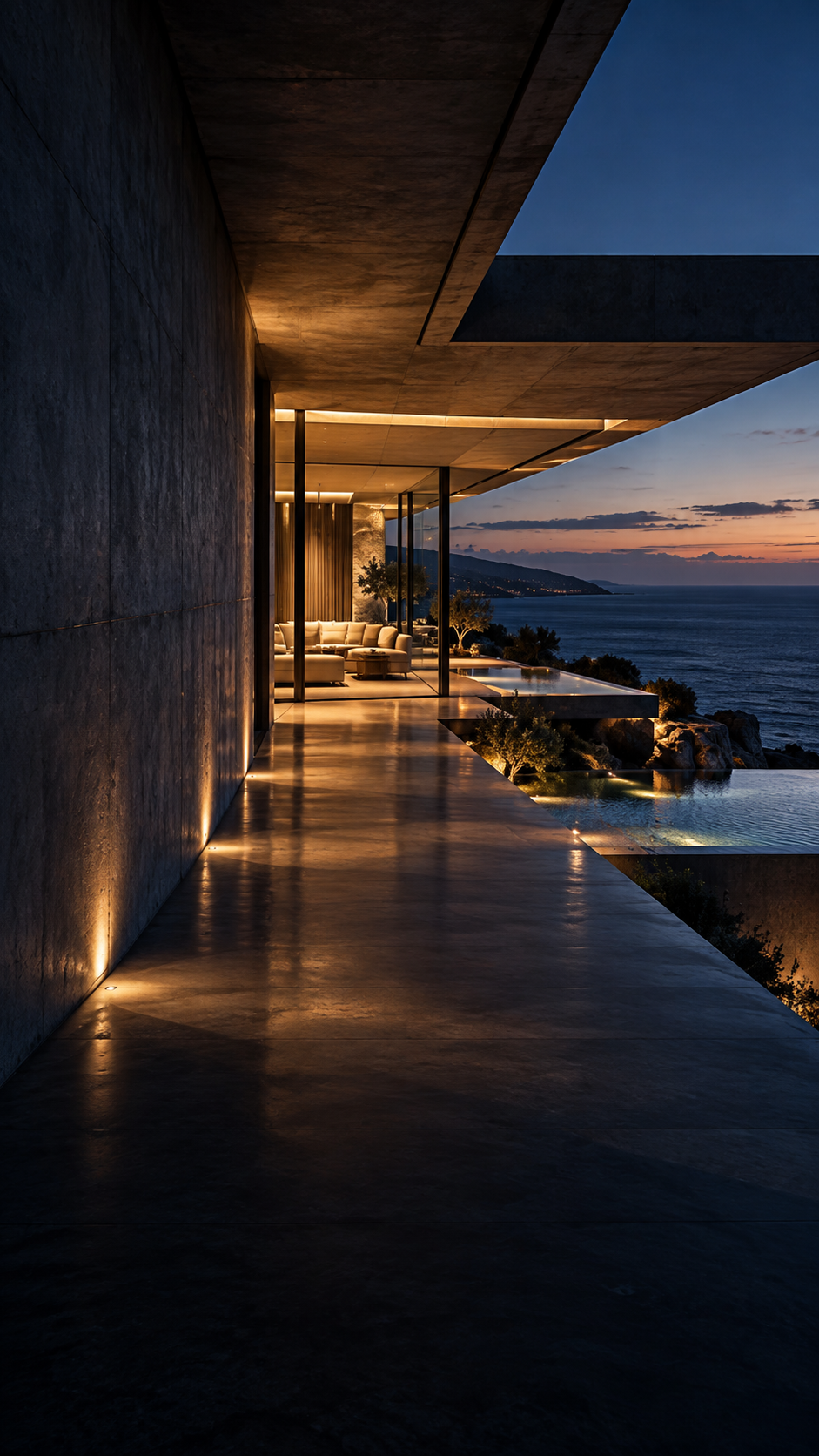Cinematic coastal architecture at blue hour