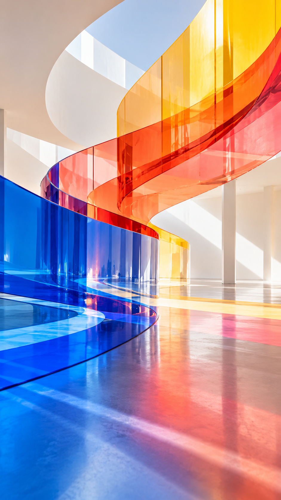 Flowing translucent color installation in a bright gallery