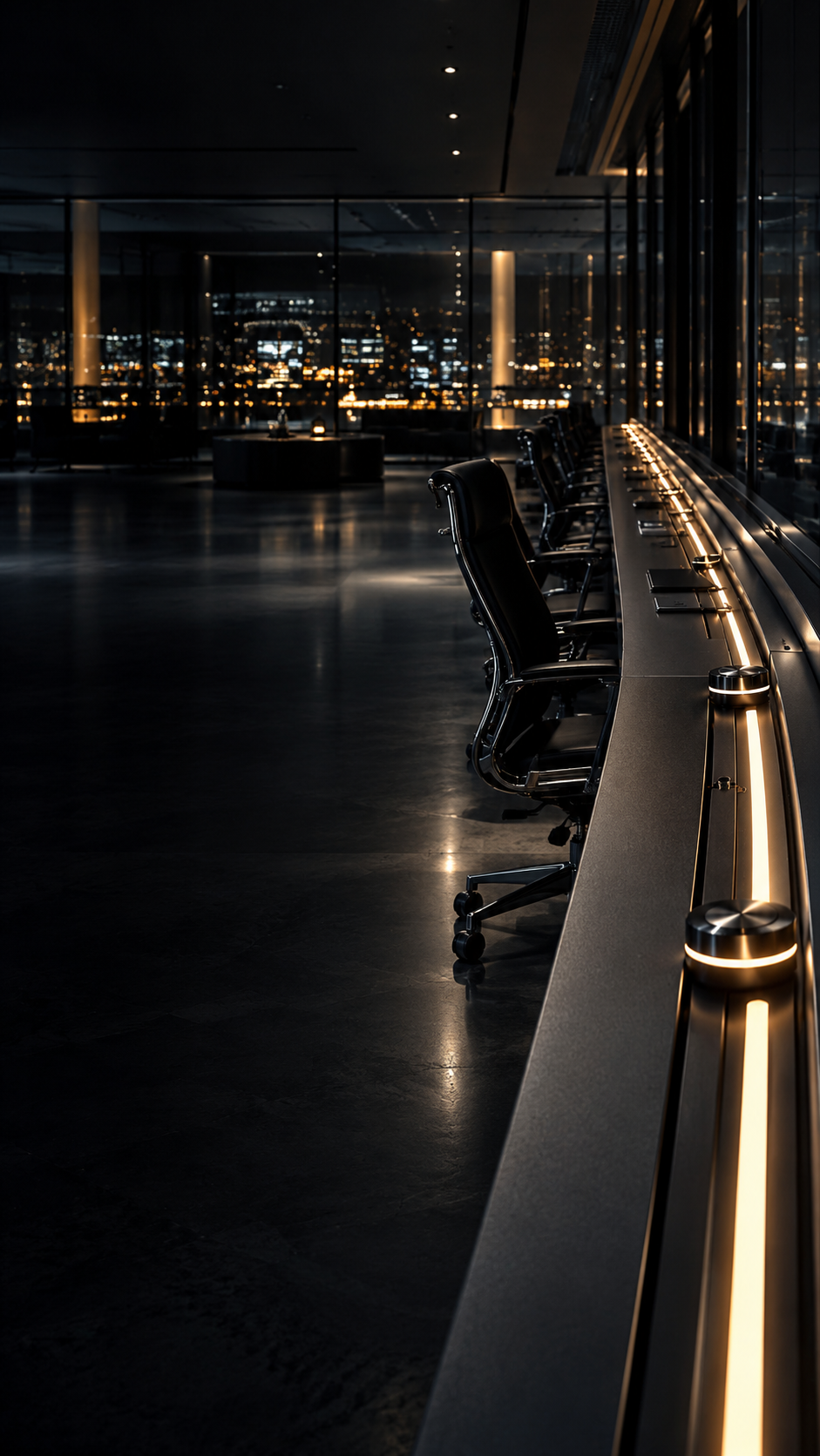 Dark executive operations room with an illuminated control rail