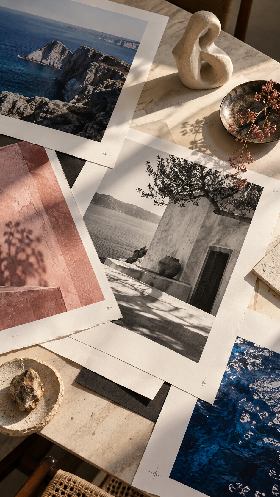 Tactile editorial photography and art objects on a sunlit table