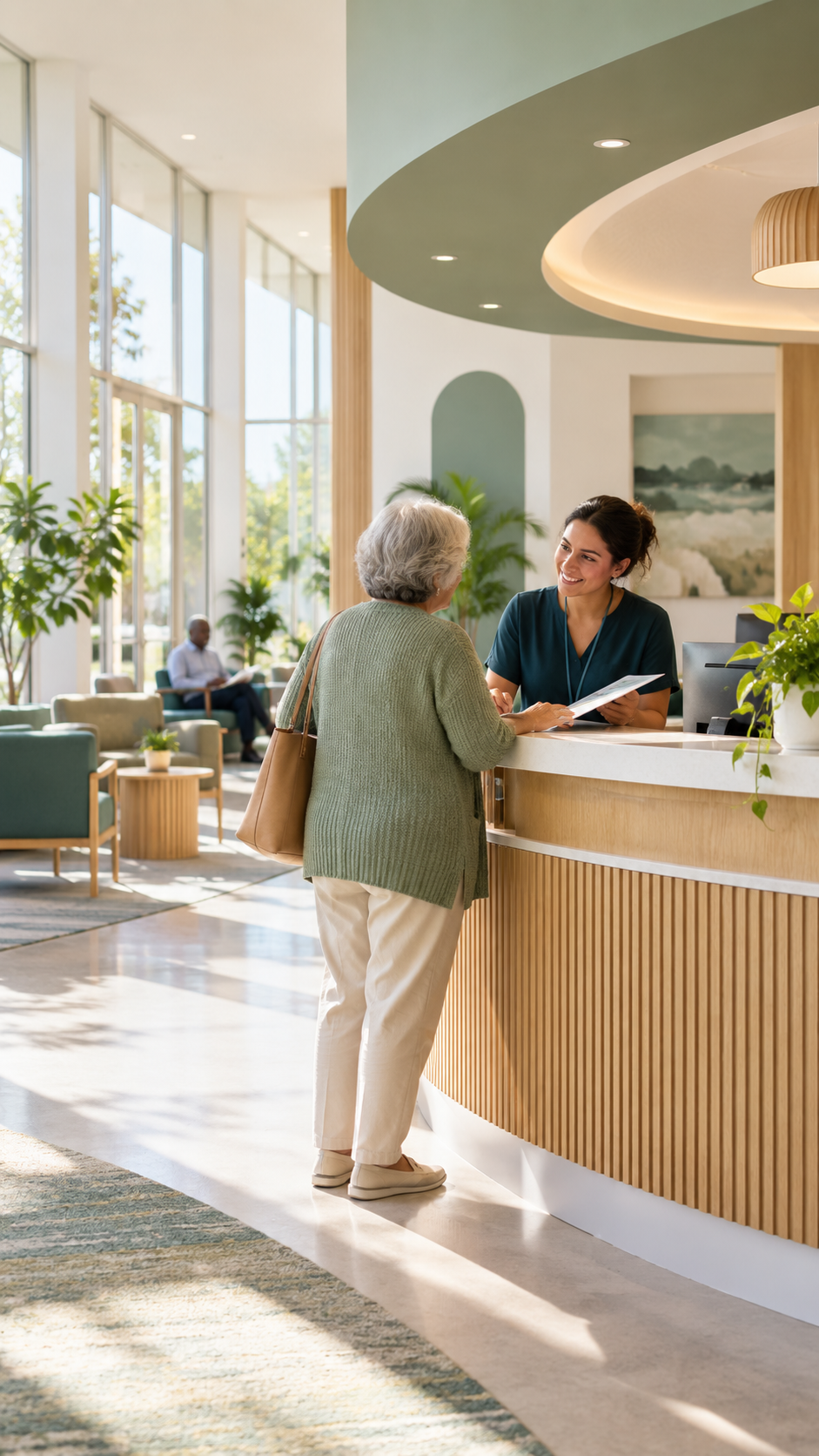 Welcoming service professional helping an older visitor