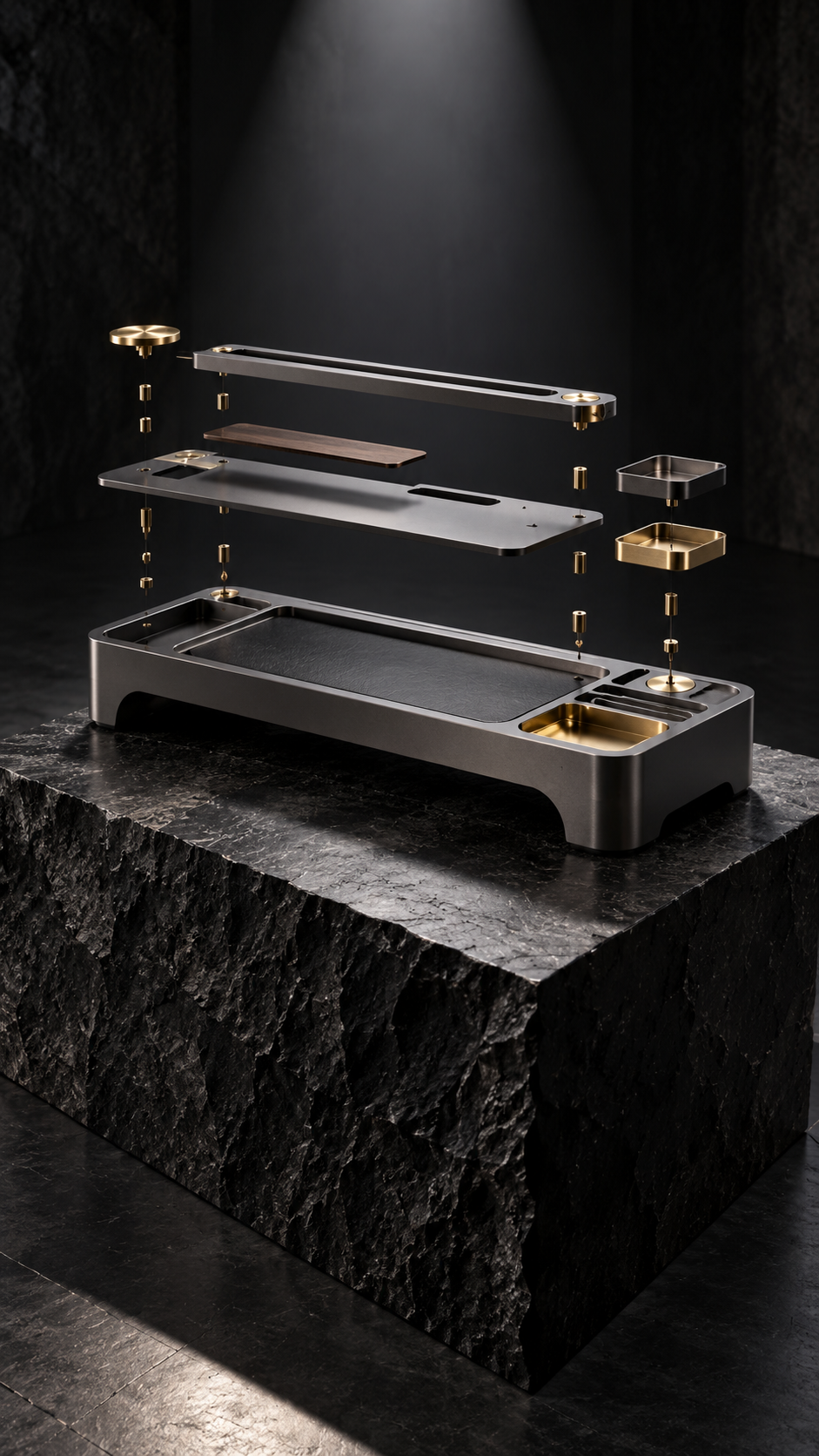 Precision modular product displayed in an exploded museum presentation