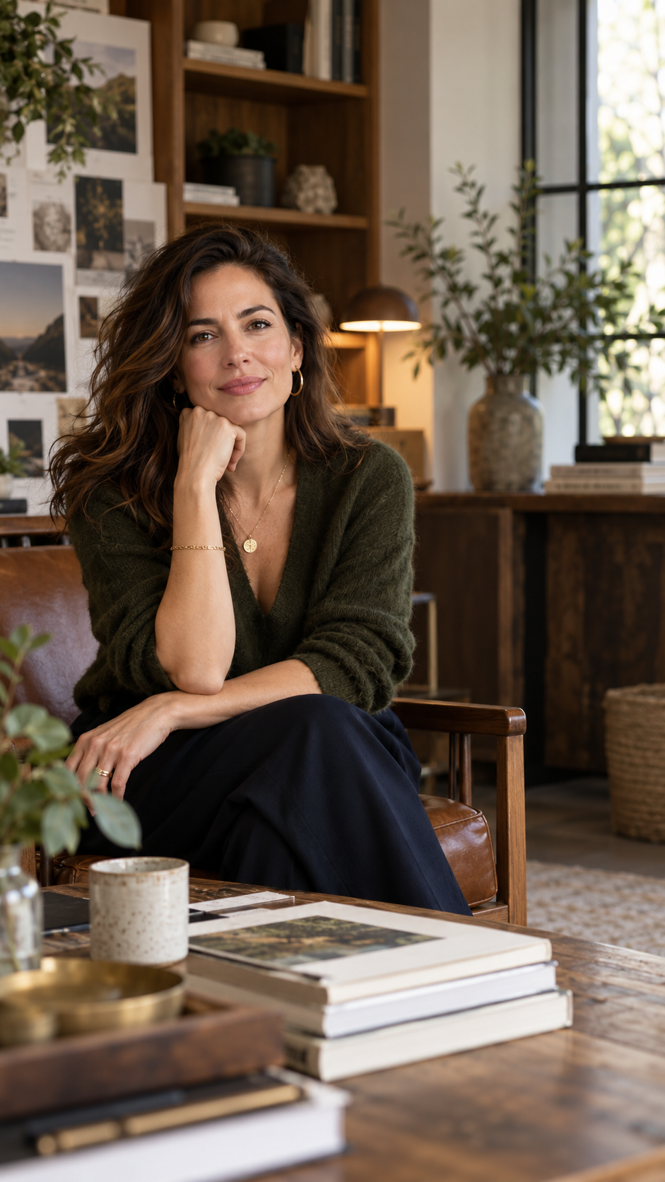 Business founder seated in a warm modern studio