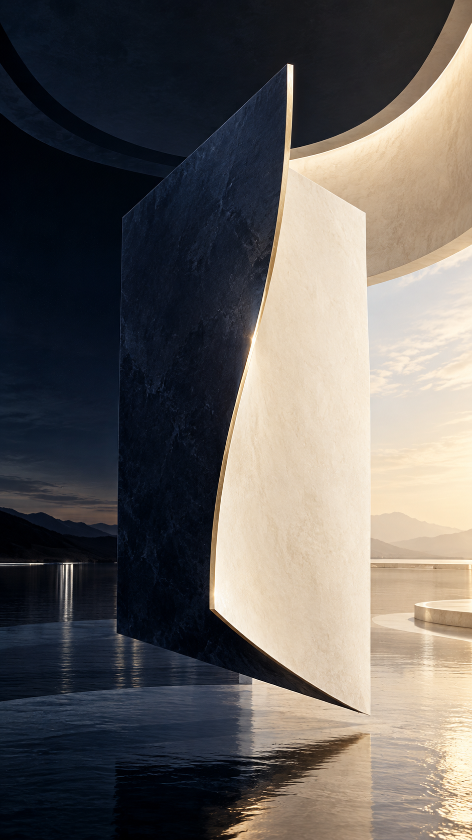 Monumental two-sided surface turning between light and dark spaces