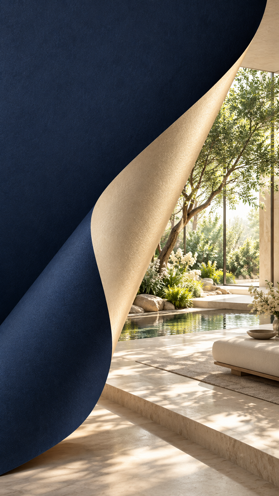 Continuous navy and champagne sheet folding open to a garden room
