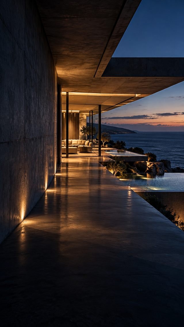 A cinematic property website using full-screen architecture photography, restrained typography, and numbered story navigation